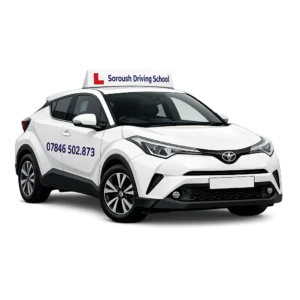 White Toyota C-HR learner driving school car with Soroush Driving School branding and phone number on transparent background
