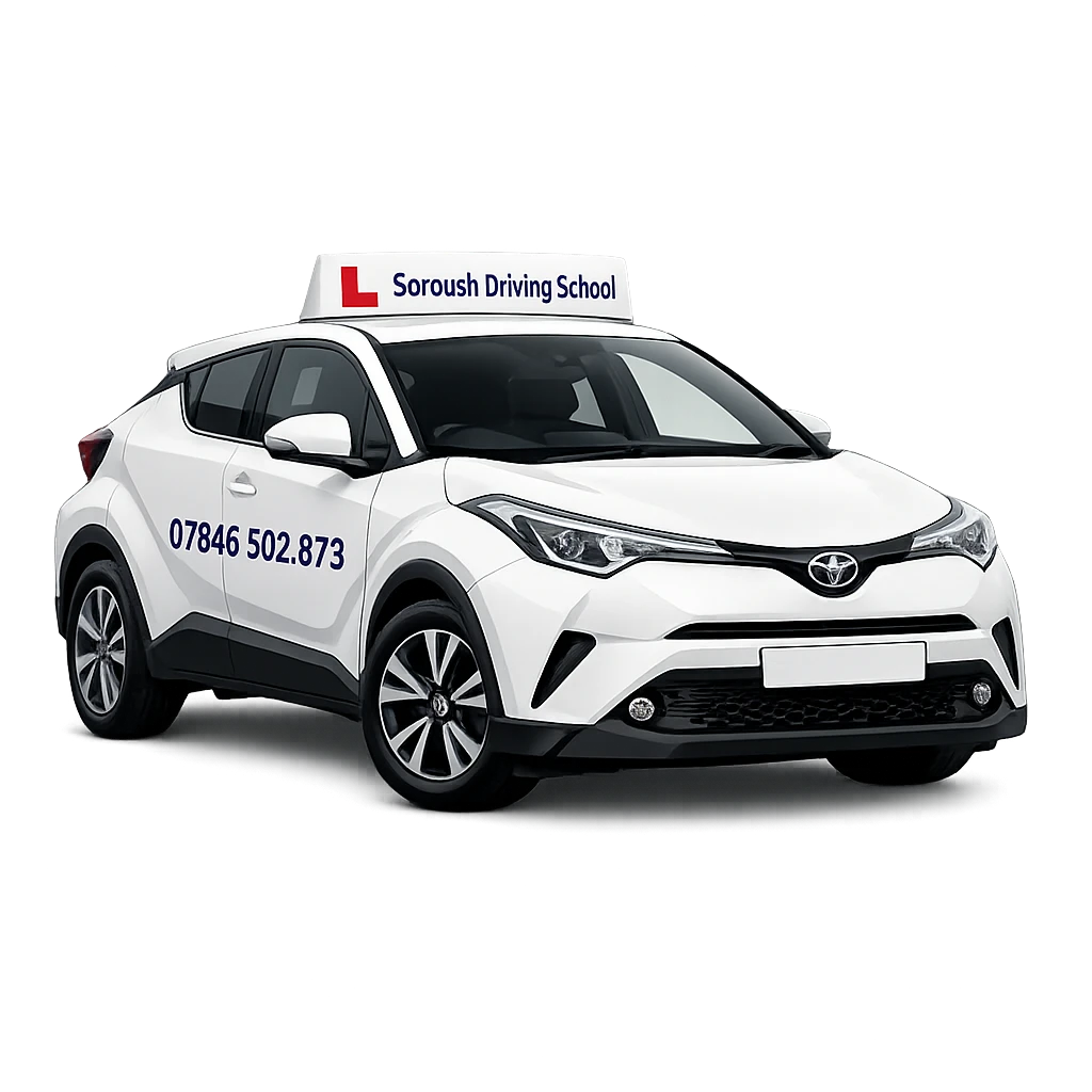 White Toyota C-HR learner driving school car with Soroush Driving School branding and phone number on transparent background