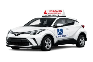Disabled driving lesson car in Wembley – White Toyota C-HR automatic learner vehicle by Soroush Driving School
